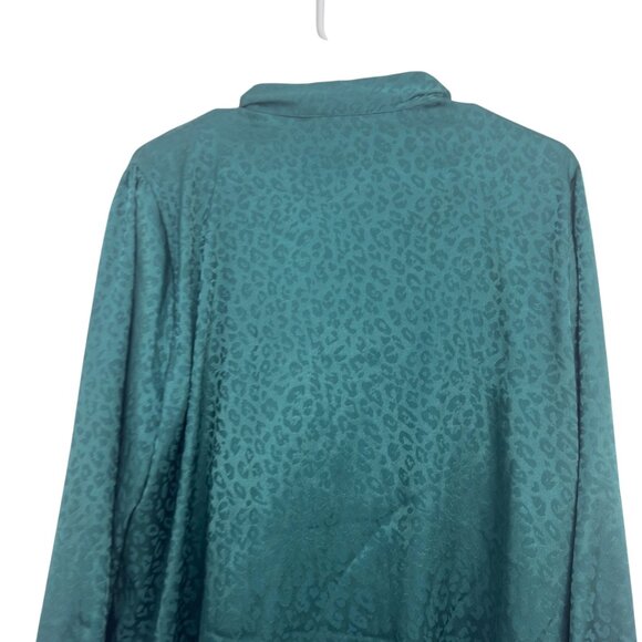 Investments Womens XL Green Leopard Print Satin Blouse Bow Tie Neck/Gold Button - Picture 9 of 12